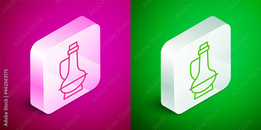 Isometric line Bottle of olive oil icon isolated on pink and green background. Jug with olive oil icon. Silver square button. Vector