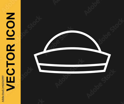 White line Sailor hat icon isolated on black background. Vector