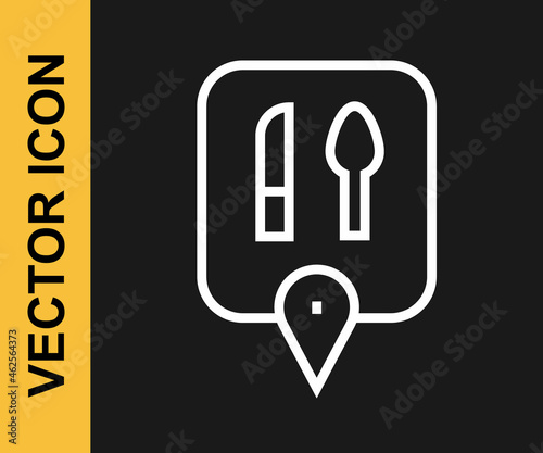 White line Cafe and restaurant location icon isolated on black background. Knife and spoon eatery sign inside pinpoint. Vector.