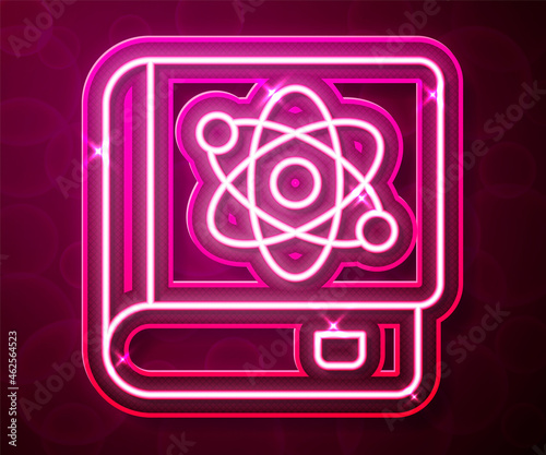 Glowing neon line Book about physics icon isolated on red background. Vector