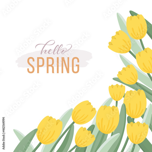 Floral background design with yellow tulips. Flat style vector illustration.