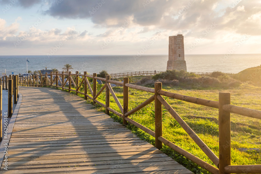 Wooden pavement in Dunas de Artola natural monument, Cabopino, Andalusia, Costa del Sol