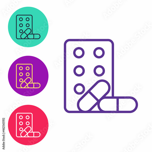 Set line Sports doping, anabolic drugs with dumbbell icon isolated on white background. Anabolic steroids tablet. Pills in jar. Set icons colorful. Vector
