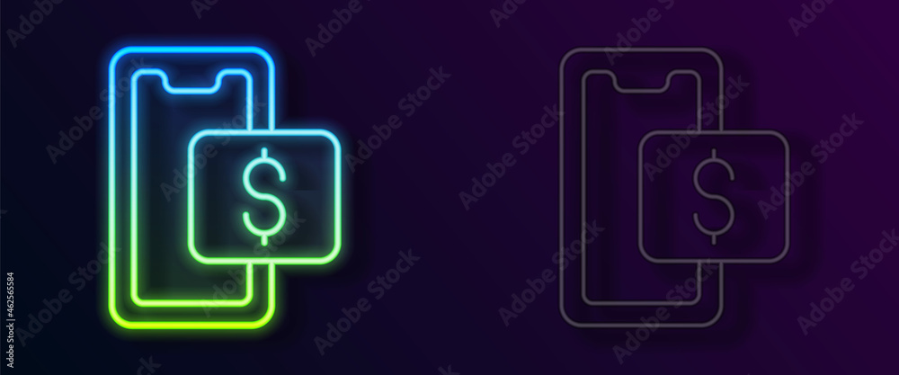 Glowing neon line Mobile phone and shopping cart icon isolated on black background. Online buying symbol. Supermarket basket symbol. Vector Glowing neon line Mobile phone and shopping cart icon isolated on black background. Online buying symbol. Supermarket basket symbol. Vector