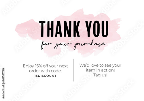 Thank you for your purchase business card, creative vector illustration. Calligraphy handwritten letters, soft pink colors, abstract watercolor mark. Template for thank you note, design elements.