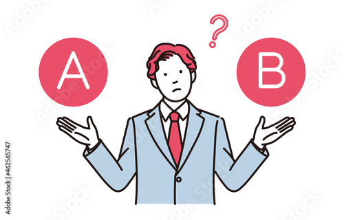 2つの選択肢を示して考えるビジネスマンのシンプルイラスト