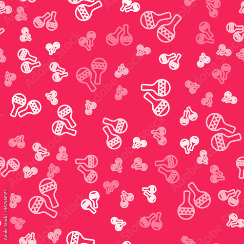 White line Maracas icon isolated seamless pattern on red background. Music maracas instrument mexico. Vector