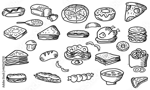 Collection of hand drawn fast food on white board, background. Fast food for menu design pizza, hot dog, fries, rolls, burger, shawarma. Vector illustration