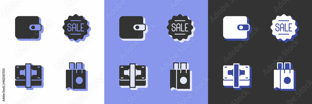 Set Paper shopping bag, Wallet, Stacks paper money cash and Price tag with Sale icon. Vector