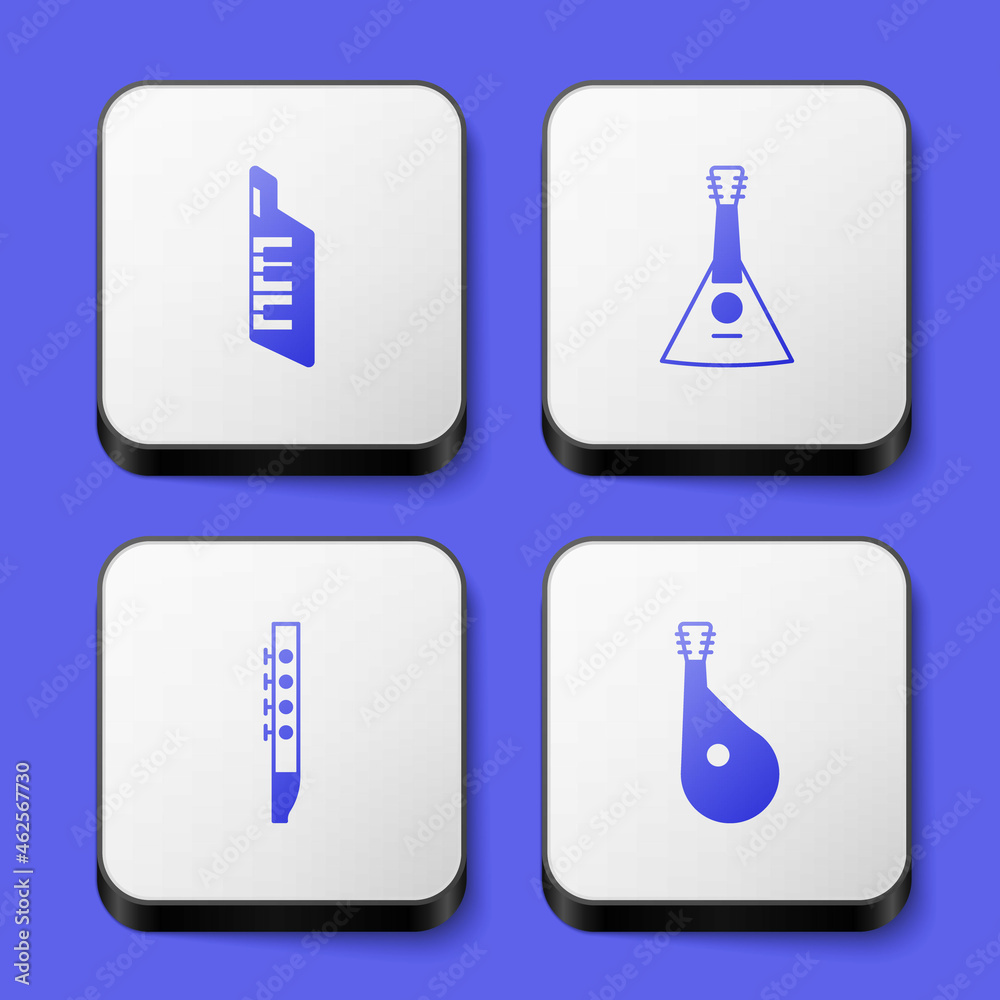 Set Keytar, Balalaika, Flute and Bandura icon. White square button. Vector Set Keytar, Balalaika, Flute and Bandura icon. White square button. Vector