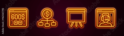 Set line Monitor with dollar, Hierarchy, Chalkboard and Telephone 24 hours support. Glowing neon icon. Vector