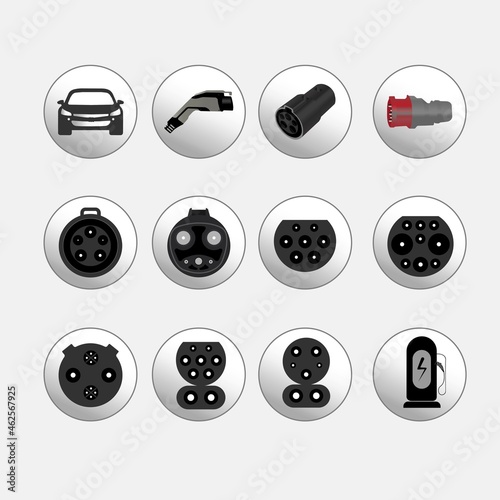 Set of basic connectors for charging electric vehicles. Outline icons