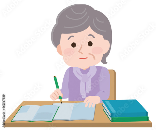 勉強をする高齢女性　イラスト