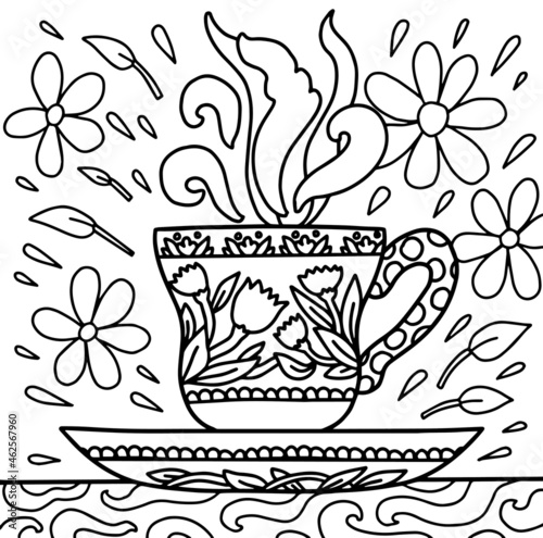 Tea cup chamomile cosiness hygge flower herbal sweethome homesweethome  ined doodle coloring book page black and white background art therapy relax psychology lace