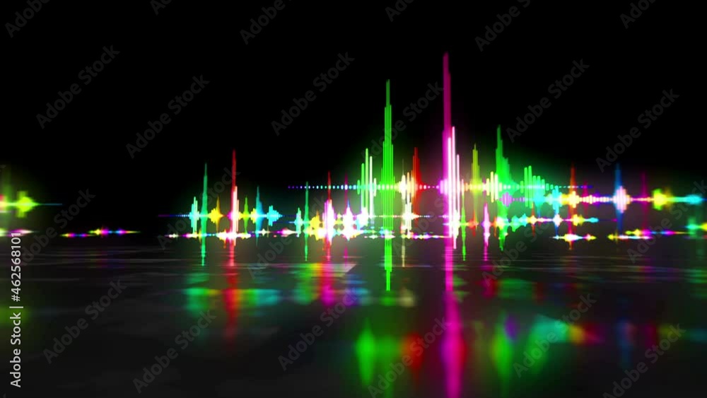 Audio spectrum voice neon sign concept, radio sound wave and disco music record volume signal loop. Flight between signs. Futuristic space abstract 3d rendering loopable seamless.