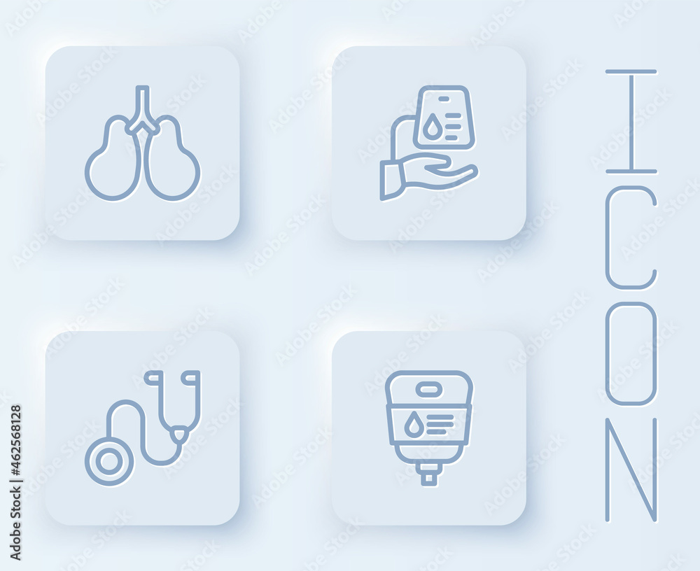 Set line Lungs, Blood donation, Stethoscope and IV bag. White square button. Vector Set line Lungs, Blood donation, Stethoscope and IV bag. White square button. Vector