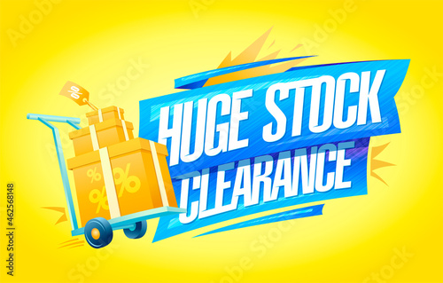 Huge stock clearance sale web banner design with golden boxes on a shopping cart