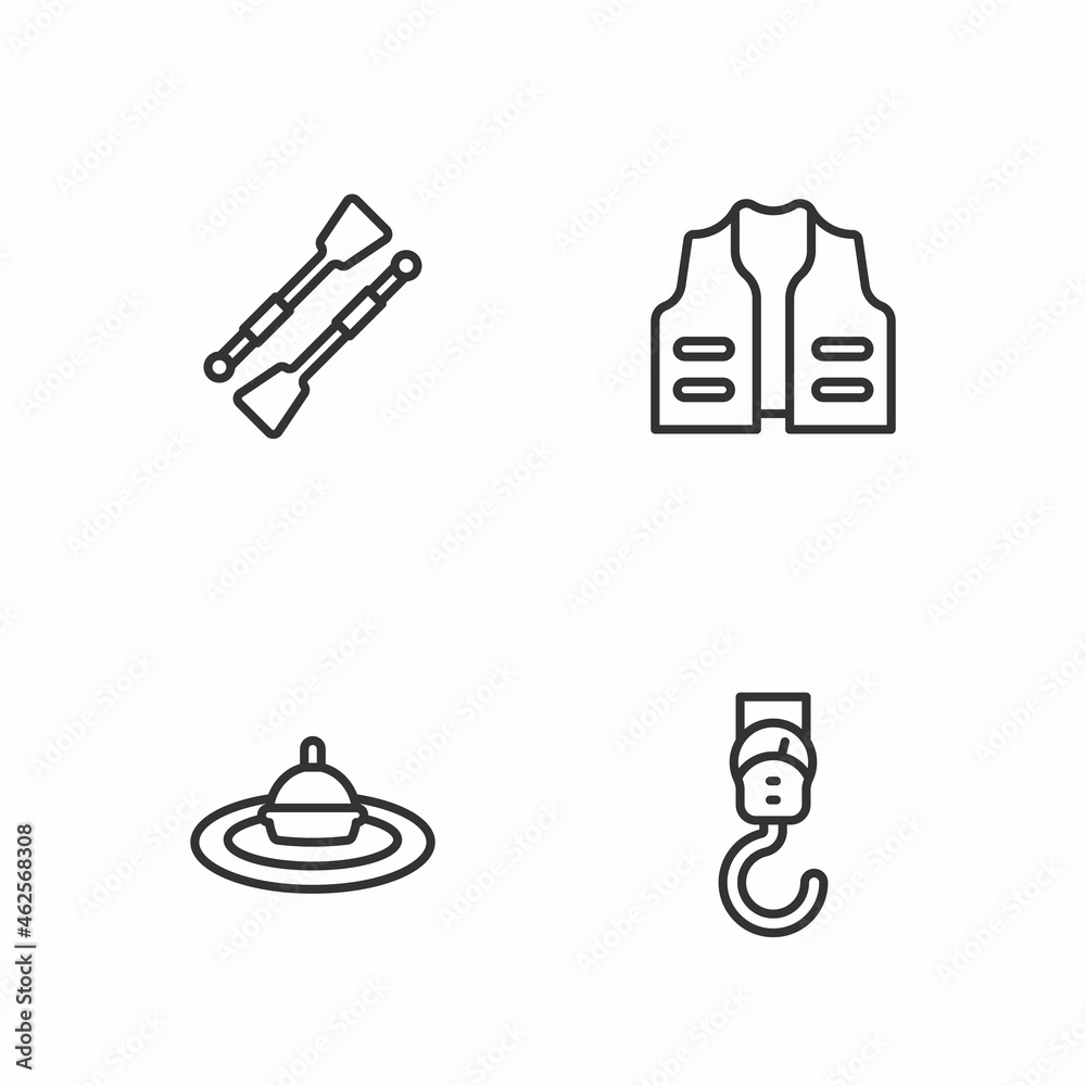Set line Spring scale, Fishing float water, Oars or paddles boat and jacket icon. Vector