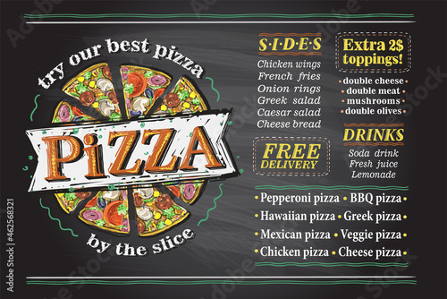 Pizza menu list chalkboard vector mockup with place for text and pizza slices