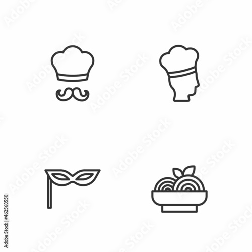 Set line Pasta spaghetti, Carnival mask, Italian cook and icon. Vector