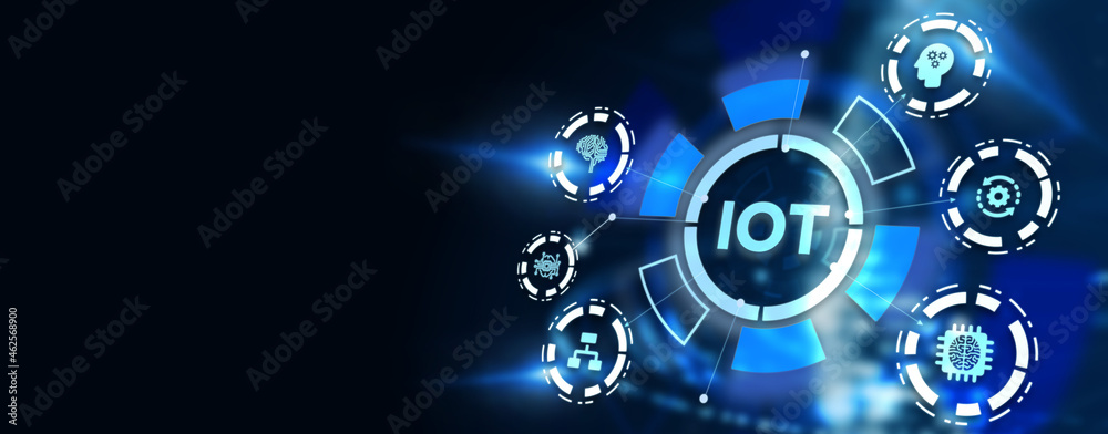 Internet of things - IOT concept. Businessman offer IOT products and solutions. 3d illustration Internet of things - IOT concept. Businessman offer IOT products and solutions. 3d illustration