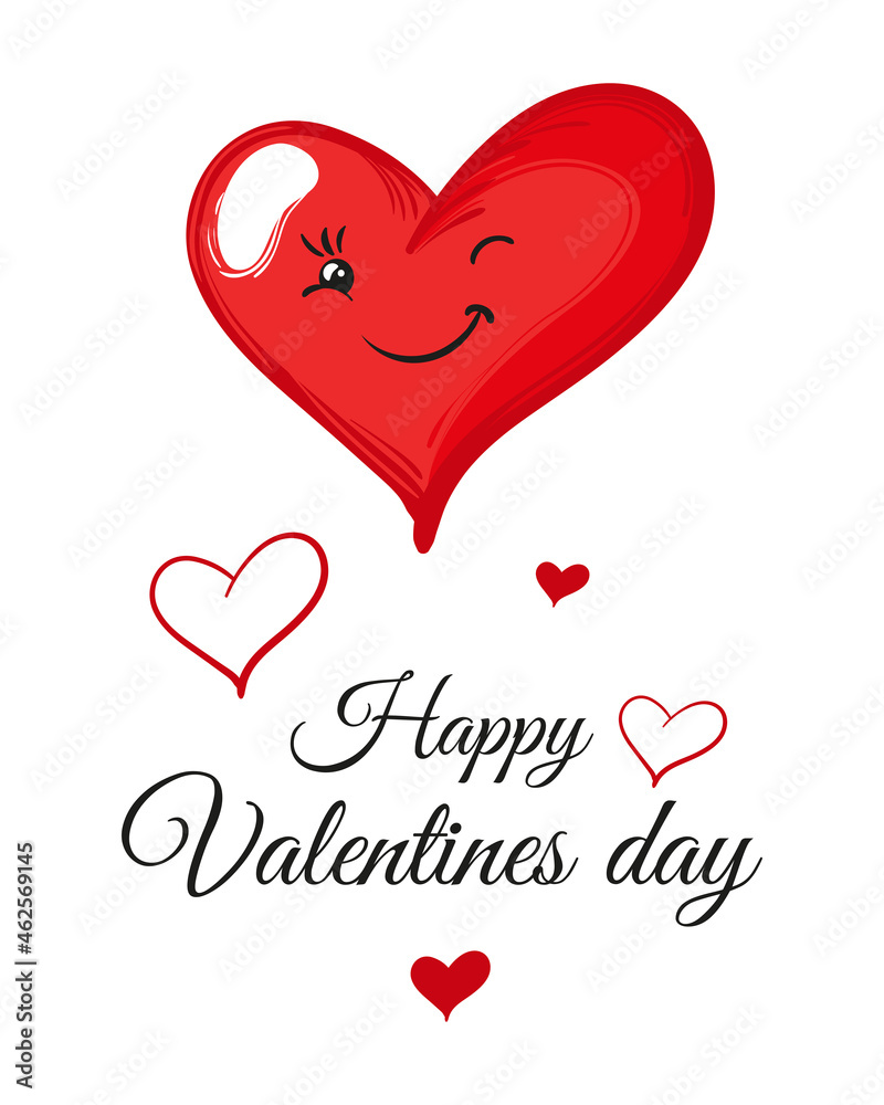 Happy Valentine’s Day greeting card with cartoon playful red heart character. Vector postcard