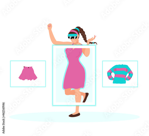 Young woman in virtual reality glasses try on clothes. Shopping of the future. Augmented reality fitting rooms. Flat isolated vector illustration