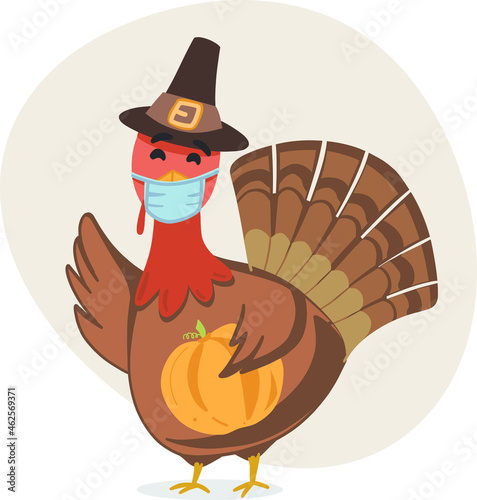 Thanksgiving Turkey wearing face mask while cooking. Cute Turkey character for children's book. Fall background with leaves falling and earth tone colors. Turkey character holding a pumpkin.