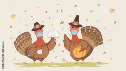 Thanksgiving Turkey wearing face mask while cooking. Cute Turkey character for children's book. Fall background with leaves falling and earth tone colors. Turkey character holding a pumpkin.