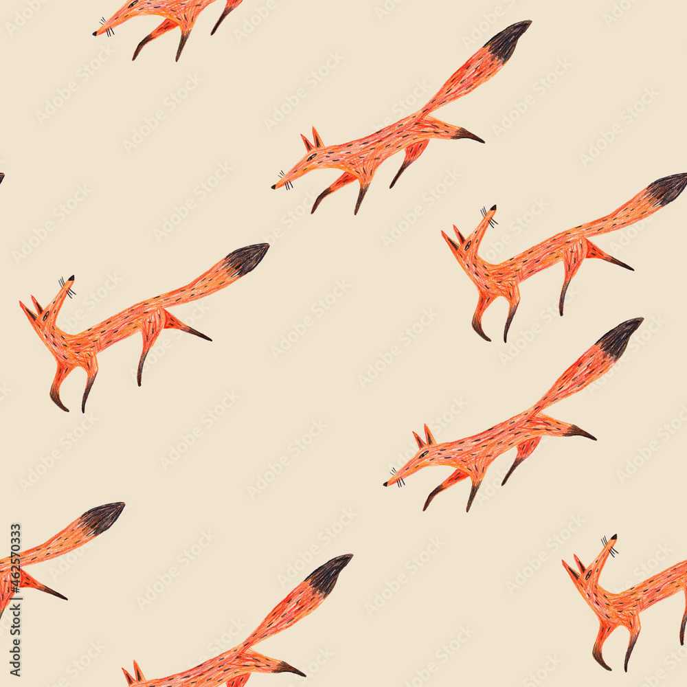 Pencil drawn seamless pattern with walking foxes