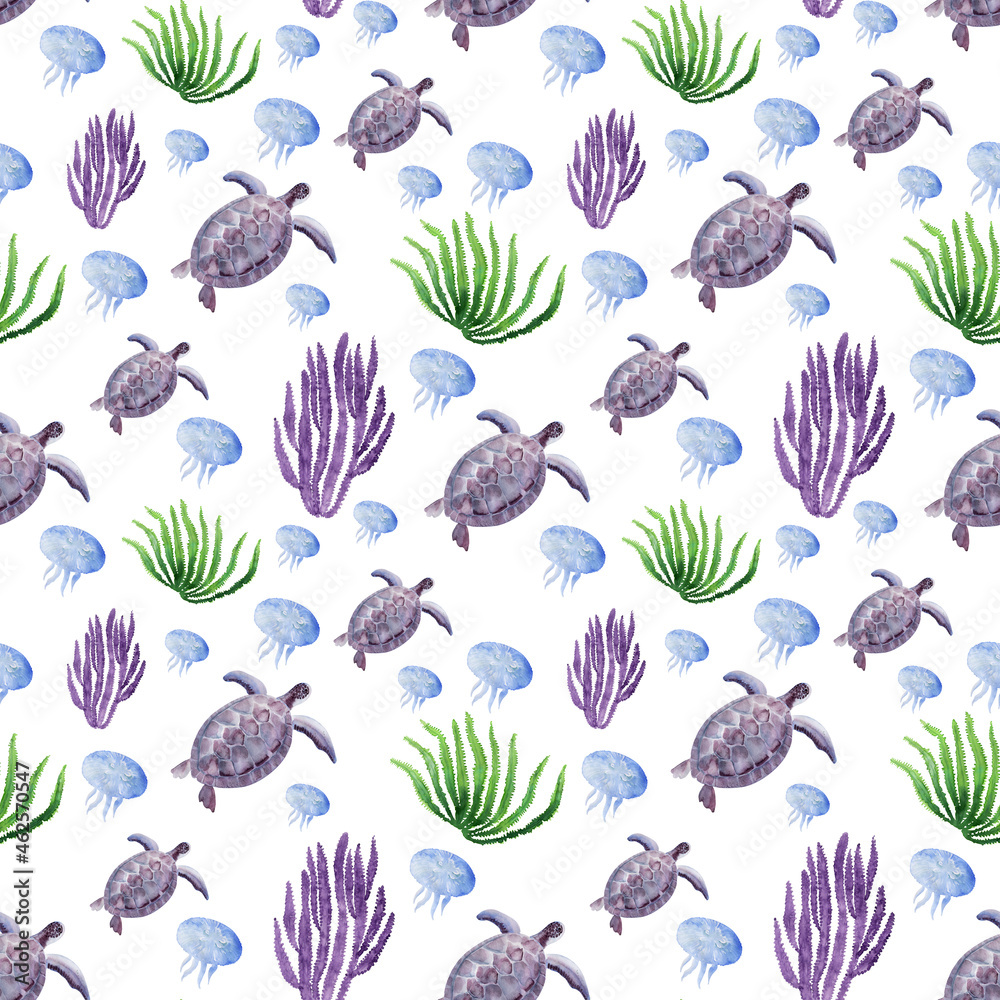 Watercolor seamless pattern with seaweed, animals and fish

