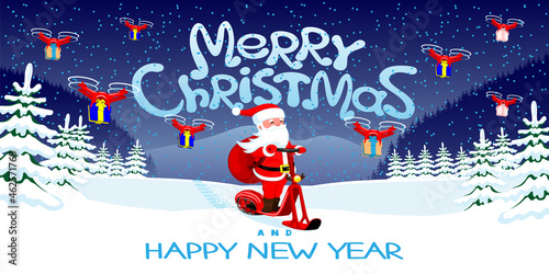 Christmas illustration with Santa Claus on winter scooter and drones with gifts on winter background.