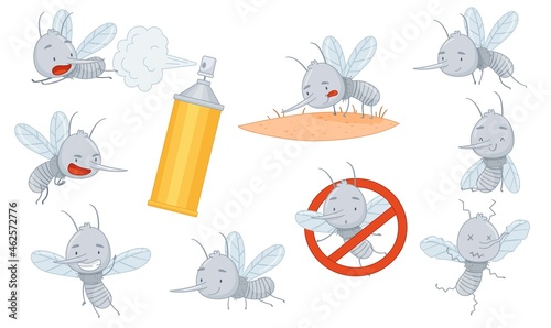 Cute flying mosquitoes set. Adorable parasitic insects funny characters cartoon vector illustration