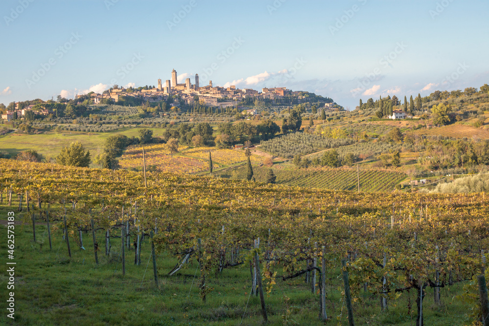 San Gimignano, Siena. Paesaggio rurale in Autunno con vigneti sullo sfondo della città-