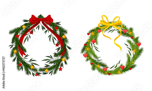 Set of Christmas pine wreaths decorated with yellow and red bows and baubles vector illustration
