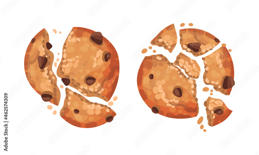 Broken crispy cookies with chocolate chips set vector illustration on white background Broken crispy cookies with chocolate chips set vector illustration on white background
