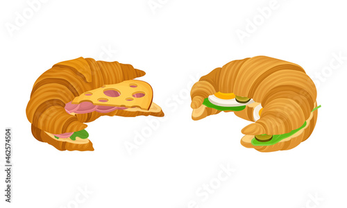 Crunchy croissants with various ingredients set. French croissant with ham, egg, cheese vector illustration