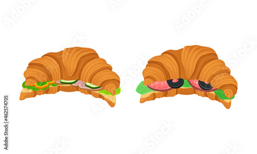 Crunchy croissants with various ingredients set. French croissant with cucumber, sausage, pepper, olive vector illustration