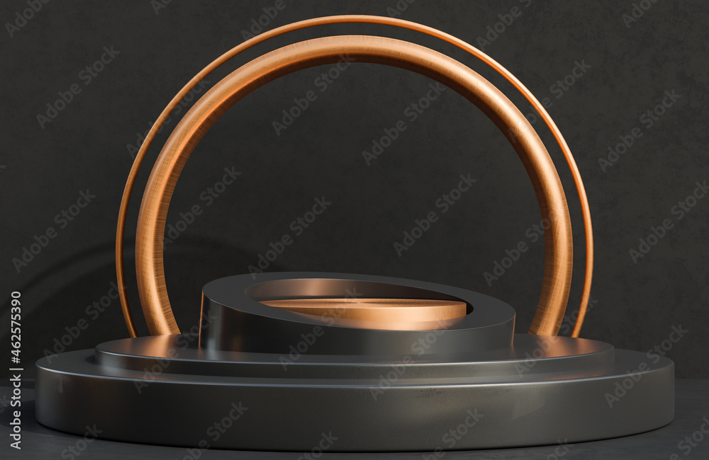 Copper circle podium for product presentation on black concrete wall background luxury style.,3d model and illustration.
