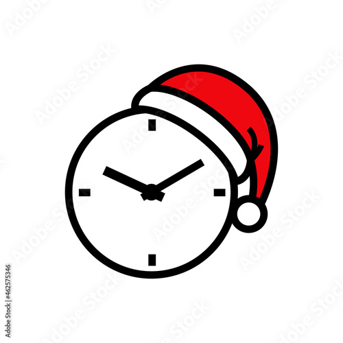 Logotipo con silueta de sombrero de Papá Noel con reloj simple con lineas en color negro y rojo