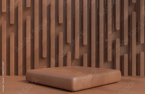 Brown leather podium for product presentation on Brown leather wall background luxury style.,3d model and illustration.