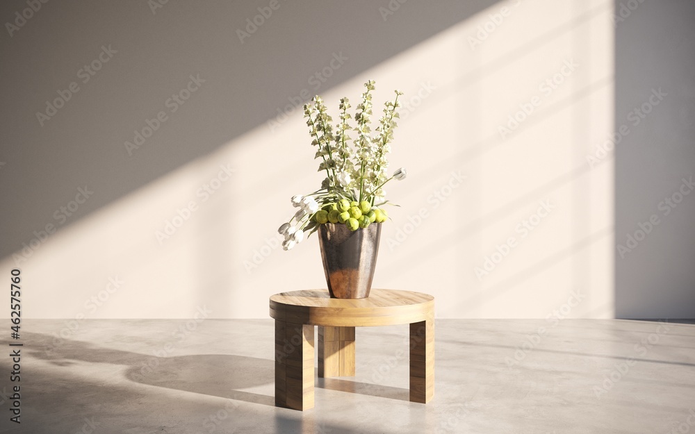 Bouquet of fresh spring flowers on gray wall background. Floral arrangement in vase. flower shop, florist work. 3D illustration, cg render Bouquet of fresh spring flowers on gray wall background. Floral arrangement in vase. flower shop, florist work. 3D illustration, cg render