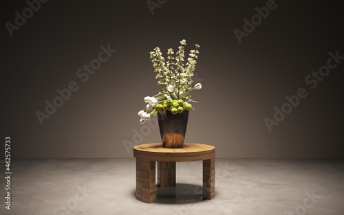 Bouquet of fresh spring flowers on gray wall background. Floral arrangement in vase. flower shop, florist work. 3D illustration, cg render
