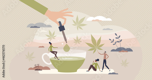 Using CBD hemp oil extract as medication treatment, tiny person concept. Legal cannabis pharmaceutical product. Marijuana industry commerce and marketing activity for alternative medicine lifestyle.