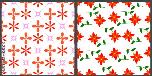 Set of vector seamless patterns. Orange flowers on white isolated background. Geometric shapes in strict order. An elegant and unique backdrop for trendy prints. 