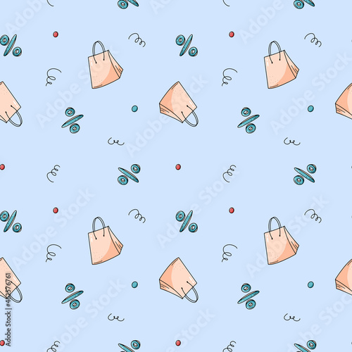 Sale seamless pattern. Black Friday endless texture made from hand drawn elements - paper shopping bag and percentage sign.