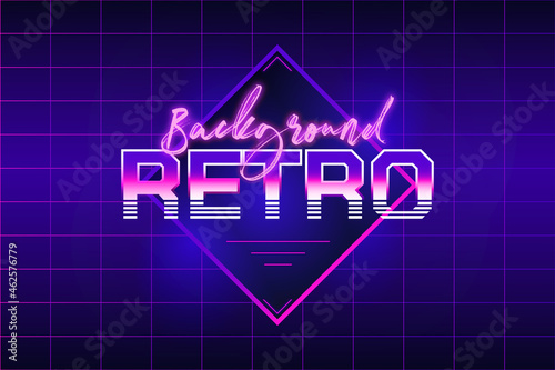 Vintage retro wallpaper, banner, illustration in the style of the 80s, 90s. Grunge texture, neon, glow, geometric shapes. Pink purple.