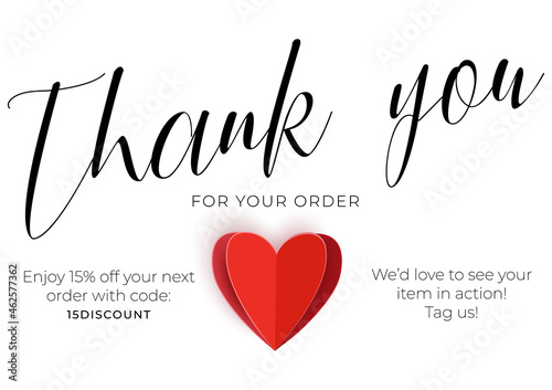 Thank you for your purchase vector card, creative template. Graphic design elements for thank you cards for customers made purchase online. Hahdwritten text, red paper cut heart.