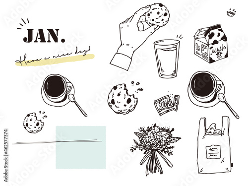 白黒、モノトーン、線画のイラスト(手書き、オシャレ、雑誌、カフェ、ファッション、コーヒー、花束、手、牛乳) Black and white, monotone, line drawing illustrations. handwriting, fashion, magazines, cafes, fashion, coffee, bouquets, hands, milk.
