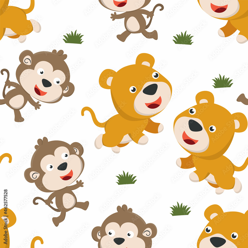 Seamless pattern of cute lion and monkey in the jungle. Creative vector childish background for fabric, textile, nursery wallpaper, poster, card, brochure. and other decoration. Seamless pattern of cute lion and monkey in the jungle. Creative vector childish background for fabric, textile, nursery wallpaper, poster, card, brochure. and other decoration.